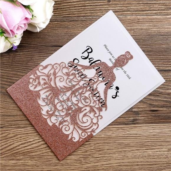 25PCS Rose Gold Glitter Crown Invitation Cards, Sweet 16 Laser Cut Invitations - Picture 3 of 6